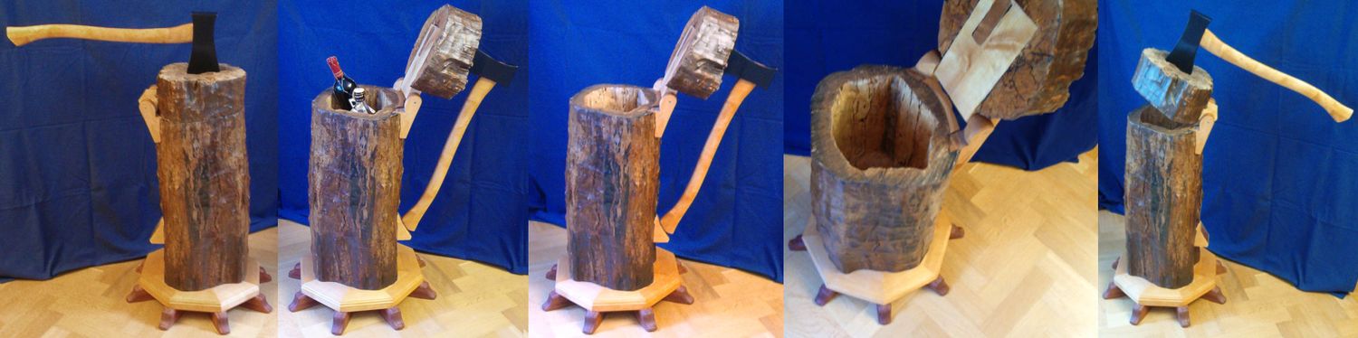 En huggkubbe med yxa, barskåp med plats för fyra 75cl flaskor, volym 8 liter Huggkubbe med yxa, litet barskåp